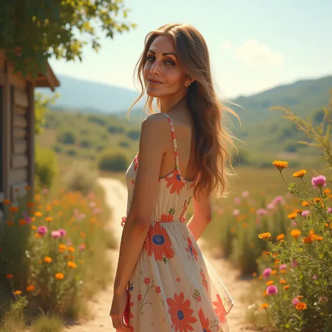  Young beautiful woman in a light colorful cotton dress. smiles slyly. playful look, beguiling. A rustic summer landscape all around.