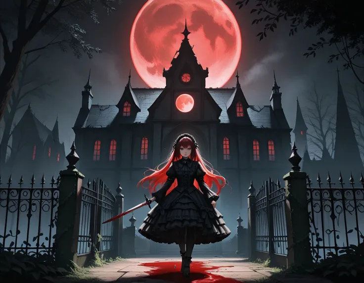 score_9, score_8_up, score_7_up, quality_masterpiece, quality_Highest, Official Art, source_real, there is only one old haunted mansion and no other buildings, fluttering bats, wandering white ghosts, broken windows, black iron fence and stone gate, blood ...