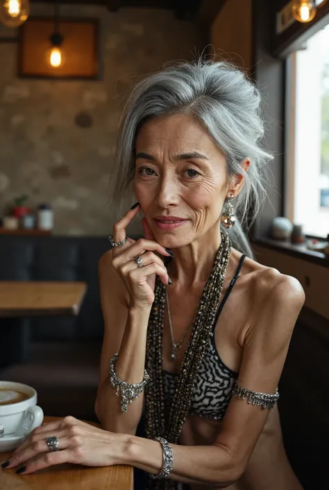 Detail Tweaker LoRA、 photorealistic、 full body image、50-year-old Japanese charismatic old tribal fashion model、 grandma who forcibly makes her younger、Erotic Baba 、Small wrinkles, freckles, and spots on the skin、A dreamy smile、A thin, poor body、super peti...