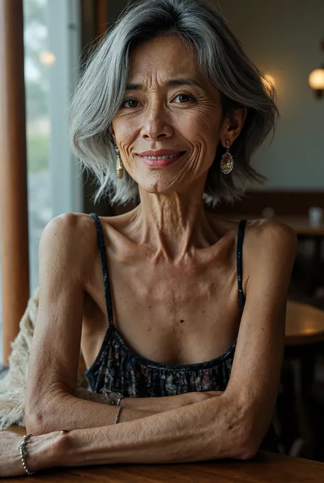Detail Tweaker LoRA、 photorealistic、 full body image、50-year-old Japanese charismatic old tribal fashion model、 grandma who forcibly makes her younger、Erotic Baba 、Small wrinkles, freckles, and spots on the skin、A dreamy smile、A thin, poor body、super peti...