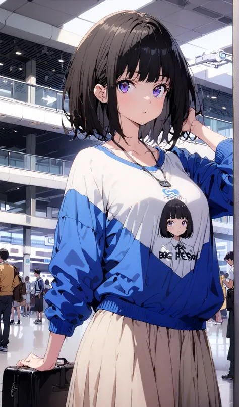 Takiuchikami,  check it out, long short hair , bob cut, bangs,   black hair,   purple eyes,Medium breast,Blue oversized hoodie , white long skirt, Bbo~, suitcases, standing,whole bodyがイラストに入る入るように,
break indoors,airport,lobby,
break looking at viewer,whole...