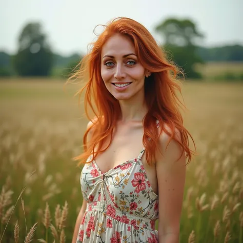 Young red-haired beautiful woman in a light colorful cotton dress. smiles slyly. playful look, beguiling. A rustic summer landscape all around.  is hyper-realistic. While maintaining the right proportions.