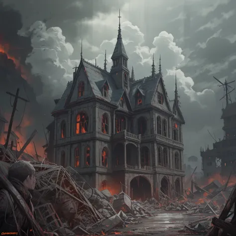 Hell, Apocalypse Hell, masterpiece, best quality, masterpiece, best quality, ultra detailed, A newly built haunted house with gorgeous colors