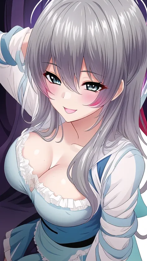   erotic、Satou Miku /Onee-san x Shuffle!、 shiny hair、Big Breasts,  alone, shiny grey rubber suit,Evil Background、  top quality,  detailed face,  detailed eyes ,  Hi-Res, smile、 dye her cheeks red、 sexy pose、lure、Estrus、Open your mouth slightly、adult、 cute、...