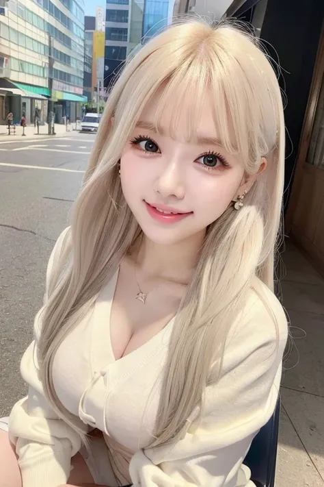   A cute girl like an idol  ,Big Breasts, white-haired, long hair,, pure white hair , “I’m wearing a sweatshirt”
ロングスカート,  camera,  is laughing, valley,Around town,  bright daytime  ,    on a chair, cute earrings that look like the real thing , I'm wearing...