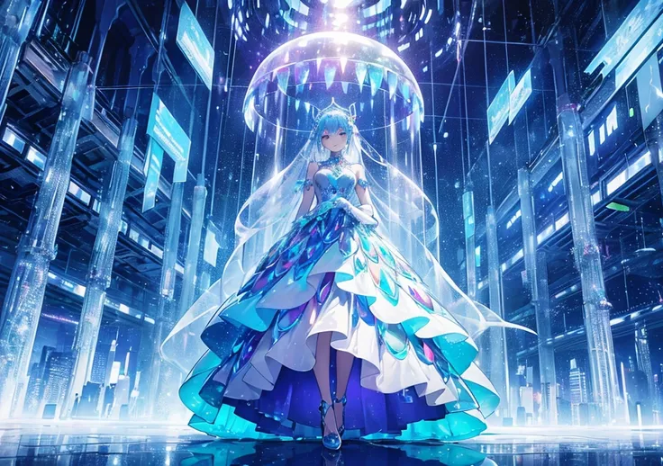 An avant-garde dress made of layers of translucent colorful jelly. The jelly parts shimmer as she walks, and the skirt is illuminated with lights. Her arms are covered in long, transparent jelly gloves, and she wears a transparent headpiece like an aquariu...