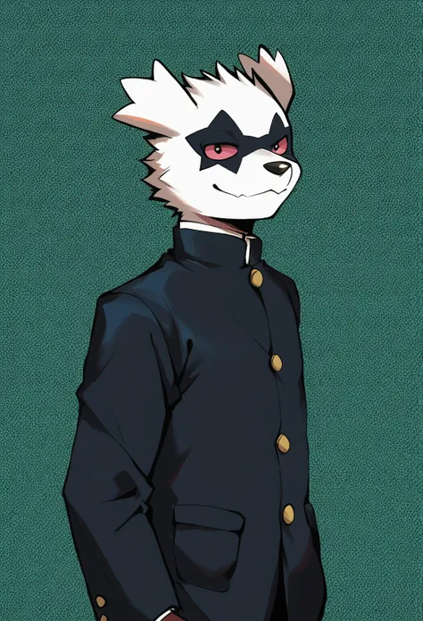 score_9, score_8_up, score_7_up, rating_safe, anthro, 1boy solo, furry,GZigzag, Pokemon (creature), black and white fur, pink sclera, school uniform, mischief smile, gakuran, male school uniform, AddXL,ITMStyle, dynamic background, detailed background,