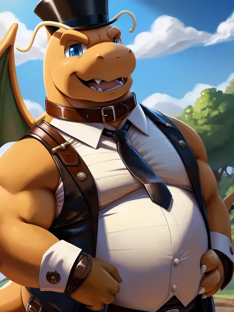 Solo, Male, close up, fat, musclegut, obese, steampunk, 1920s gentleman, dapper Dragonite, tilting head down, blue eyes, wearing a big leather collar around his neck, (soft shading), 4k, hi res, ((detailed face, detailed)), looking at viewer, evil grin, co...