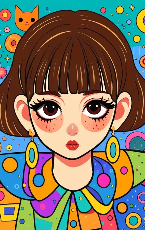 Flat wind，vector， ish art cartoon ， brunette big earrings anime girl, big eyes， Lovely expression ， bangs， minimalism，Blouse with a large collar，Patchwork，Lovely art style,  colorful! Digital illustration style, Mathematical Art.  colorful comic,   hand-dr...