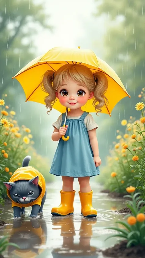 A two years old toddler,  Caucasian, with light blonde and curly hair in pigtails, and large, expressive eyes, stands in a rain-filled garden. She is depicted in a mid-shot, slightly off-center, facing the viewer. The girl is wearing a light-blue, short-sl...