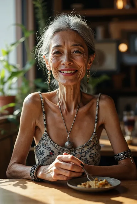 Detail Tweaker LoRA、 photorealistic、 full body image、50-year-old Japanese charismatic old tribal fashion model、 grandma who forcibly makes her younger、Erotic Baba 、Small wrinkles, freckles, and spots on the skin、A dreamy smile、A thin, poor body、super peti...