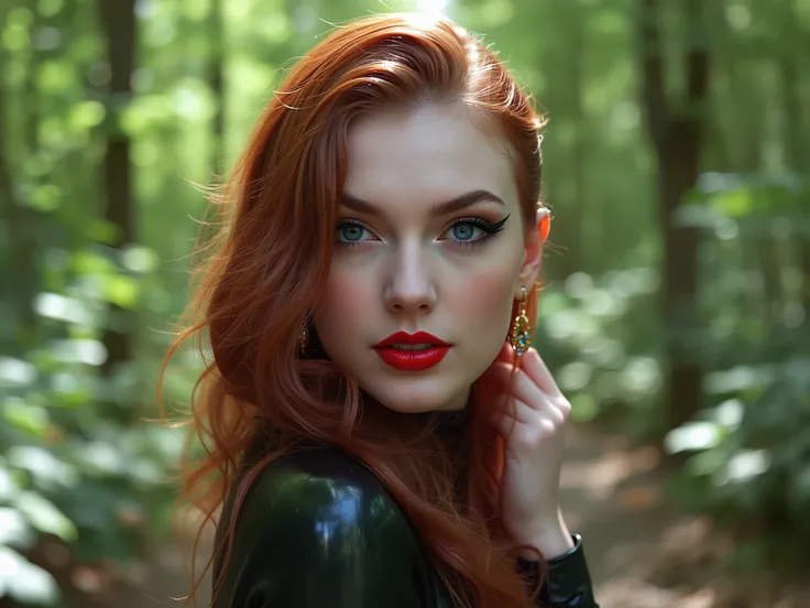 deep red lips, lip gloss, shiny lips, eyeliner flicks, thick eyeliner, latex outfit, cute makeup, red hair, green eyes, in a brightly lit forest,