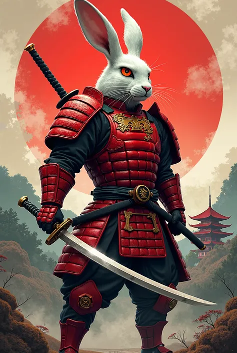 Samurai rabbit in red anime style