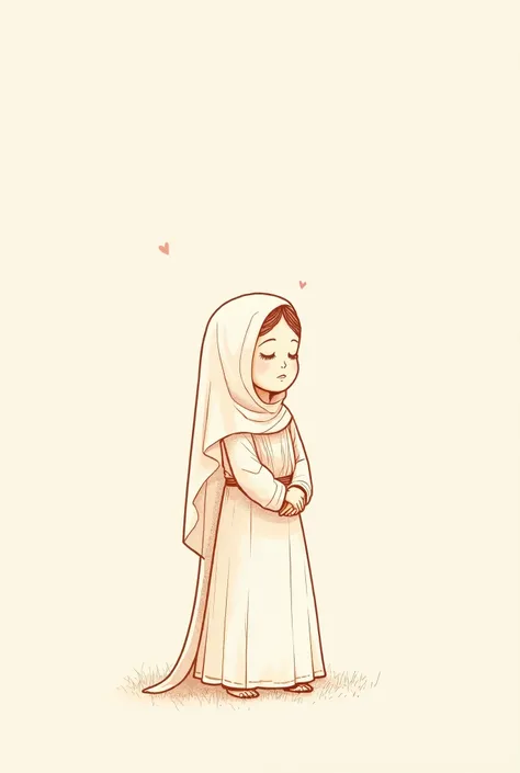 A minimalist line art illustration of a sikh girl praying, with veil on her head, kara in her right arm, eyes closed.  The drawing is created with delicate, flowing lines in a soft brown tone against a light beige background, capturing a tender and affecti...