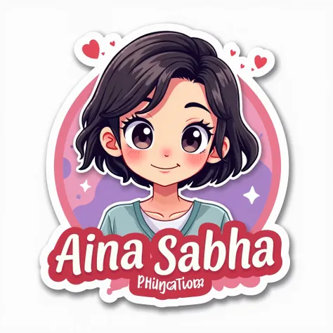 Make a logo sticker of a  youtuber called 'AINA SABHA', fun, modern, short hair, cute girl, without background,