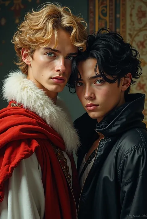 A young king of about 22 years old, Blonde with curly hair with blue eyes, And a thief with slightly long black hair and black eyes about 22 years old 