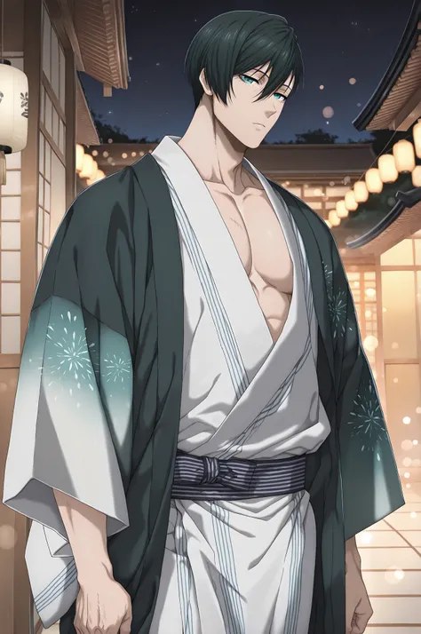 1boy, solo, male focus, Itoshi Rin, Blue Lock, teal eyes, underlashes, dark green hair, mature male, sexy man, intricate male kimono, night, stars, bokeh, (masterpiece, best quality, amazing quality, detailed background, intricate details,absurdres, very a...