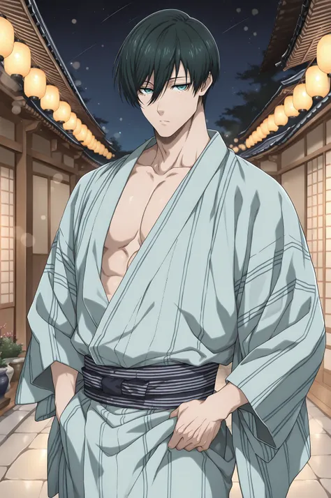 1boy, solo, male focus, Itoshi Rin, Blue Lock, teal eyes, underlashes, dark green hair, mature male, sexy man, intricate male kimono, night, stars, bokeh, (masterpiece, best quality, amazing quality, detailed background, intricate details,absurdres, very a...