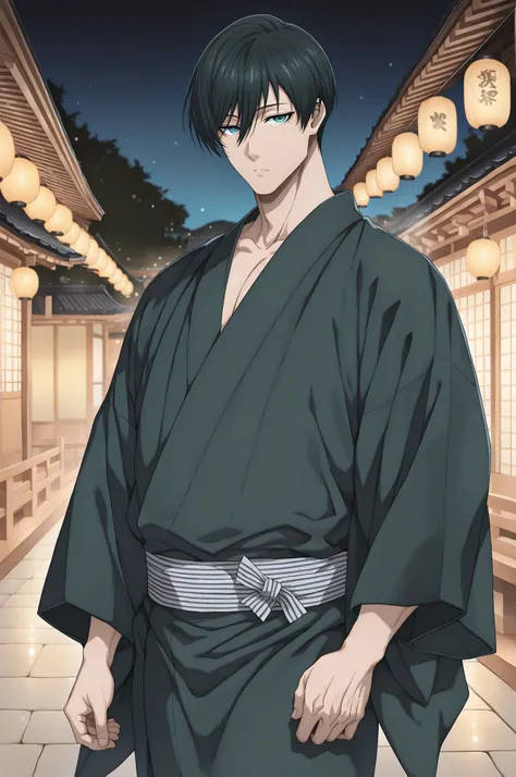 1boy, solo, male focus, Itoshi Rin, Blue Lock, teal eyes, underlashes, dark green hair, mature male, sexy man, intricate male kimono, night, stars, bokeh, (masterpiece, best quality, amazing quality, detailed background, intricate details,absurdres, very a...