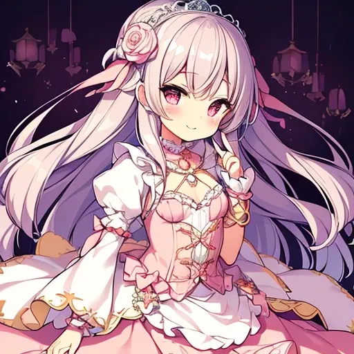 (solo), focus on character, kawaii, masterpiece, best quality, ultra detailed face, (rococo style gown), (long train pastel pink cape:1.15), (long train white ball gown:1.1), wide flared skirt, gown with flower decorations, (a girl is wearing a long cape o...