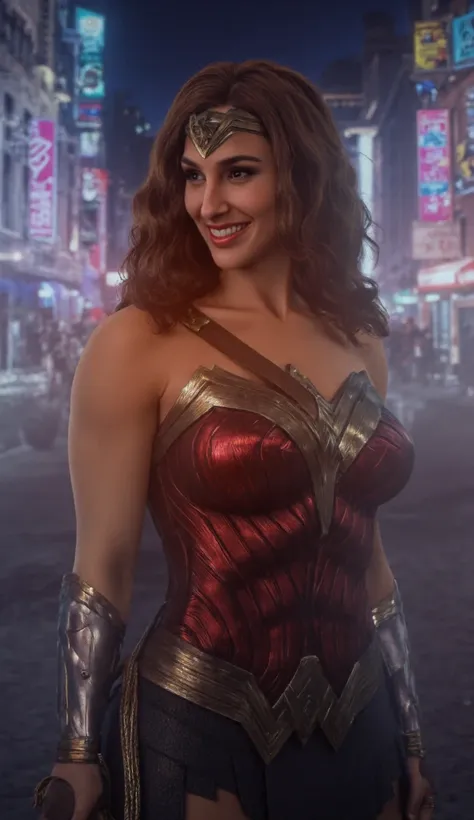 (masterpiece), (solo character), (best quality), skin texture style ,realism, detailed(EpicRealLife), (large breasts), (epiCFlashphoto),(large breasts), (wonder woman portrait), (full body portrait), (Gal Gadot)), (on new york street), (at night), (neon si...