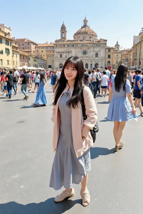 "prompt": "A Japanese woman visiting Florence, Italy. She is wearing a stylish, casual outfit with a light jacket, a scarf, and comfortable shoes, walking along the streets of the historic center. The background shows famous Florence landmarks, like the Du...