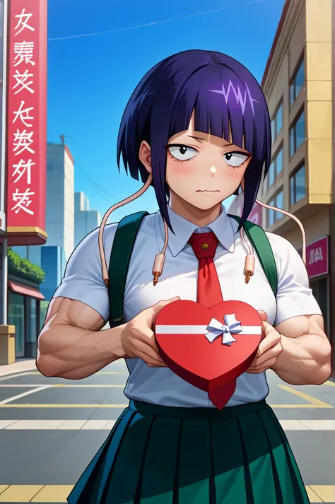 score_9, score_8_up, score_7_up, score_6_up, source_anime, 1girl, solo  bnhakj, black hair, purple hair, short hair, blunt bangs, black eyes, audio jack, long earlobes, collared shirt, white shirt, short sleeves, red necktie, dark green skirt, pleated skir...