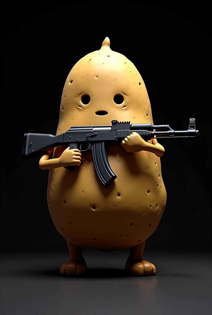 A potato holding an AK 47 with a black background