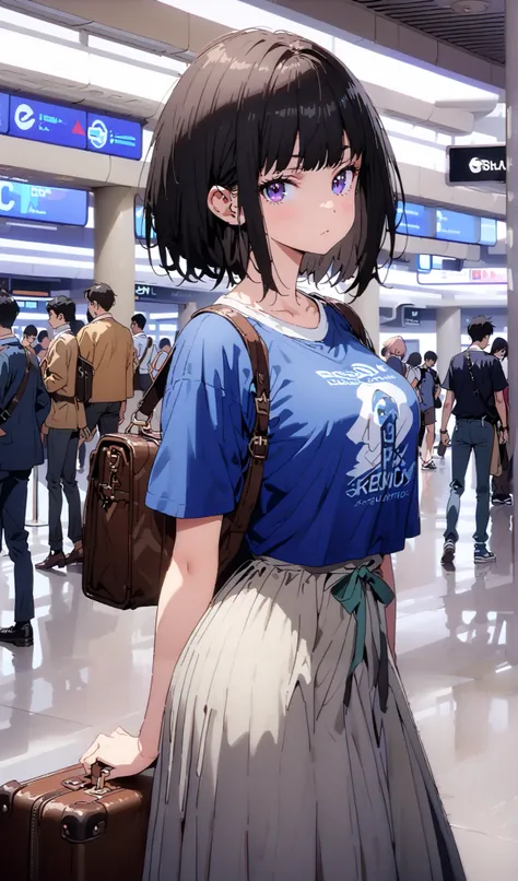 Takiuchikami,  check it out, long short hair , bob cut, bangs,   black hair,   purple eyes,Medium breast,Blue oversized hoodie , white long skirt, Bbo~, suitcases, standing,whole bodyがイラストに入る入るように,
break indoors,airport,lobby,
break looking at viewer,whole...