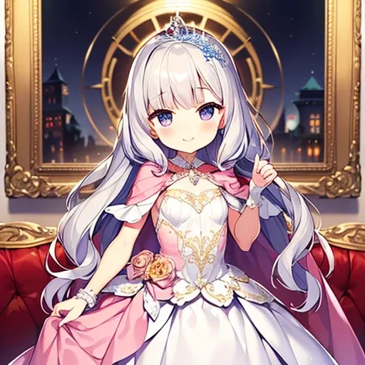 (solo), focus on character, kawaii, masterpiece, best quality, ultra detailed face, (rococo style gown), (long train pastel pink cape:1.15), (long train white ball gown:1.1), wide flared skirt, gown with flower decorations, (a girl is wearing a long cape o...