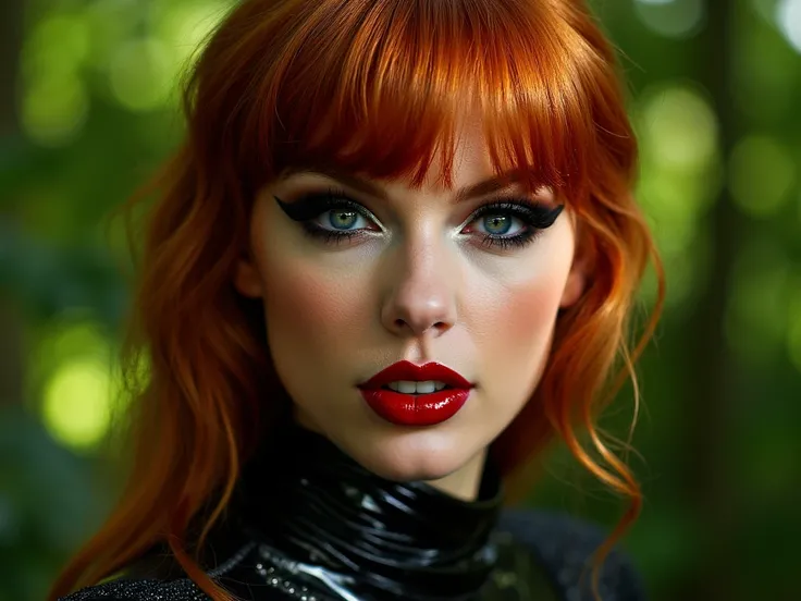 deep red lips, lip gloss, shiny lips, eyeliner flicks, thick eyeliner, latex outfit, cute makeup, red hair, green eyes, in a brightly lit forest,