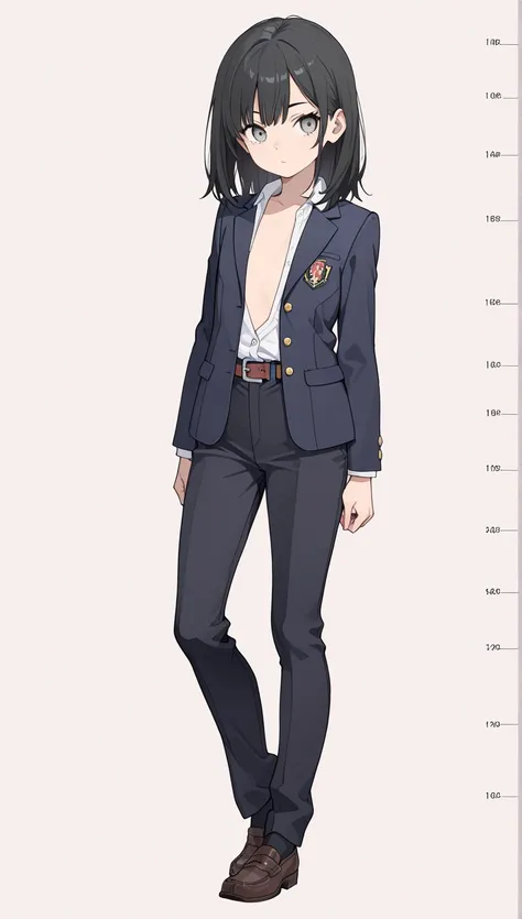 completely nude, open shirt, 1 girl, full body, have high athletic ability , BLACK SCHOOL UNIFORM , blazer, pants, belt, close blazer, white shirt, black hair, gray eyes, medium hair, flat chest,tall height, top quality, Masterpiece, complicated details, t...