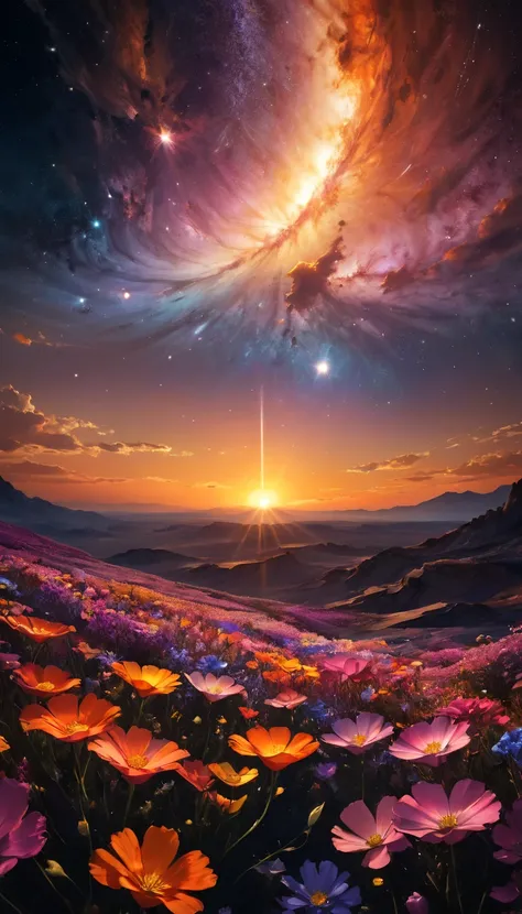 An award-winning photo of a galaxy, bathed in the warm glow of  sunset  ( sunset :1.2). lively, color, and full of life , using a high-resolution,  gives the futuristic environment a touch of natural beauty.  The lighting is dramatic ,  casts long shadows ...