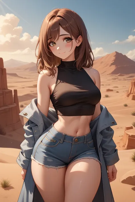  Beautiful girl, alone,  long brown hair ,  brown eyes,  light blue denim coat unbuttoned slightly bare shoulders, black crop top sleeveless tight ,  denim shorts,  in the desert with high reddish mountains in the background ,  side lighting, golden hour, ...