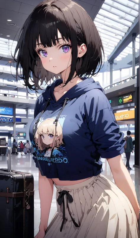 Takiuchikami,  check it out, long short hair , bob cut, bangs,   black hair,   purple eyes,Medium breast,Blue oversized hoodie , white long skirt, Bbo~, suitcases, standing,whole bodyがイラストに入る入るように,
break indoors,airport,lobby,
break looking at viewer,whole...