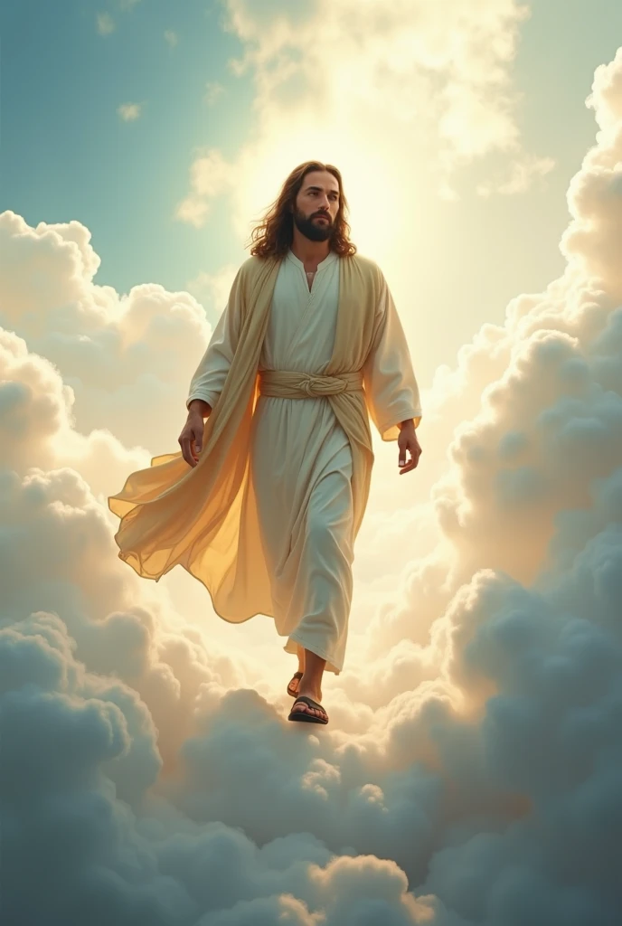 Jesus walking on clouds with sandals 