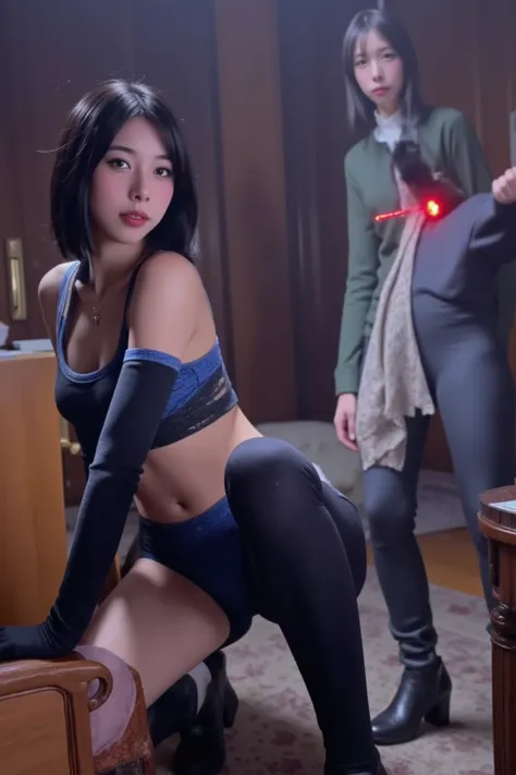 A cute woman (Asian, age 25, supermodel, skin tight blue body suit front unzipped and open revealing sports bra, hair up in a tight bun, black boots, blinking gizmos, strange sci fi weapon in hand eerie glow blinking lights) is determined, crouching in a s...