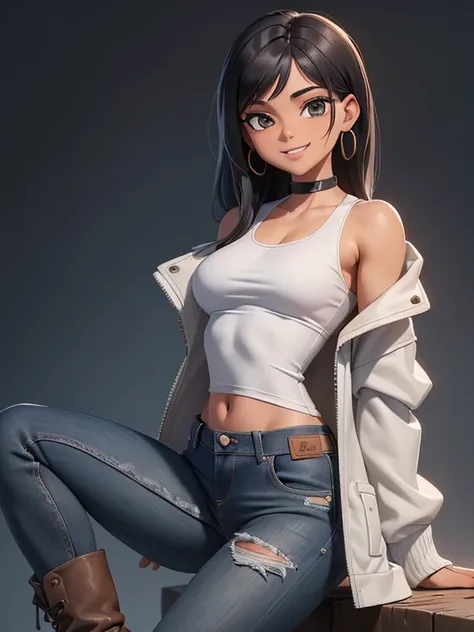 (Masterpiece, Best Quality, extremely detailed, 1 girl, Alone), girl, Indian woman, medium black hair, opened white jacket, gray tank-top, jeans and brown leather boots, Slim and toned body, looking at viewer, smiling, the background is an athletics track
