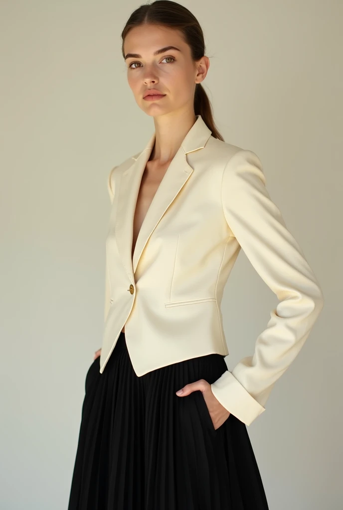 a young woman model wearing a cream colored Christian Dior "Bar" jacket, and a black pleated wool skirt, with a classical dancer gracious figure and pose