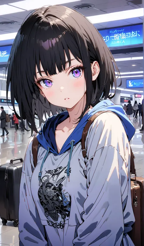 Takiuchikami,  check it out, long short hair , bob cut, bangs,   black hair,   purple eyes,Medium breast,Blue oversized hoodie , Long Sleeve, white long skirt, Bbo~, suitcases, standing,whole bodyがイラストに入る入るように,
break indoors,airport,lobby,
break looking at...