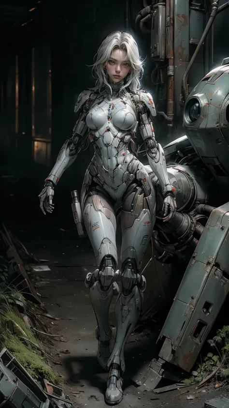 ((masterpiece, highest quality, Highest image quality, High resolution, photorealistic, Raw photo, 8K)), Abandoned robot soldier on battlefield, broken and immobile, rust and moss showing passage of time, female cyborg body, female body, biomechanical , ex...