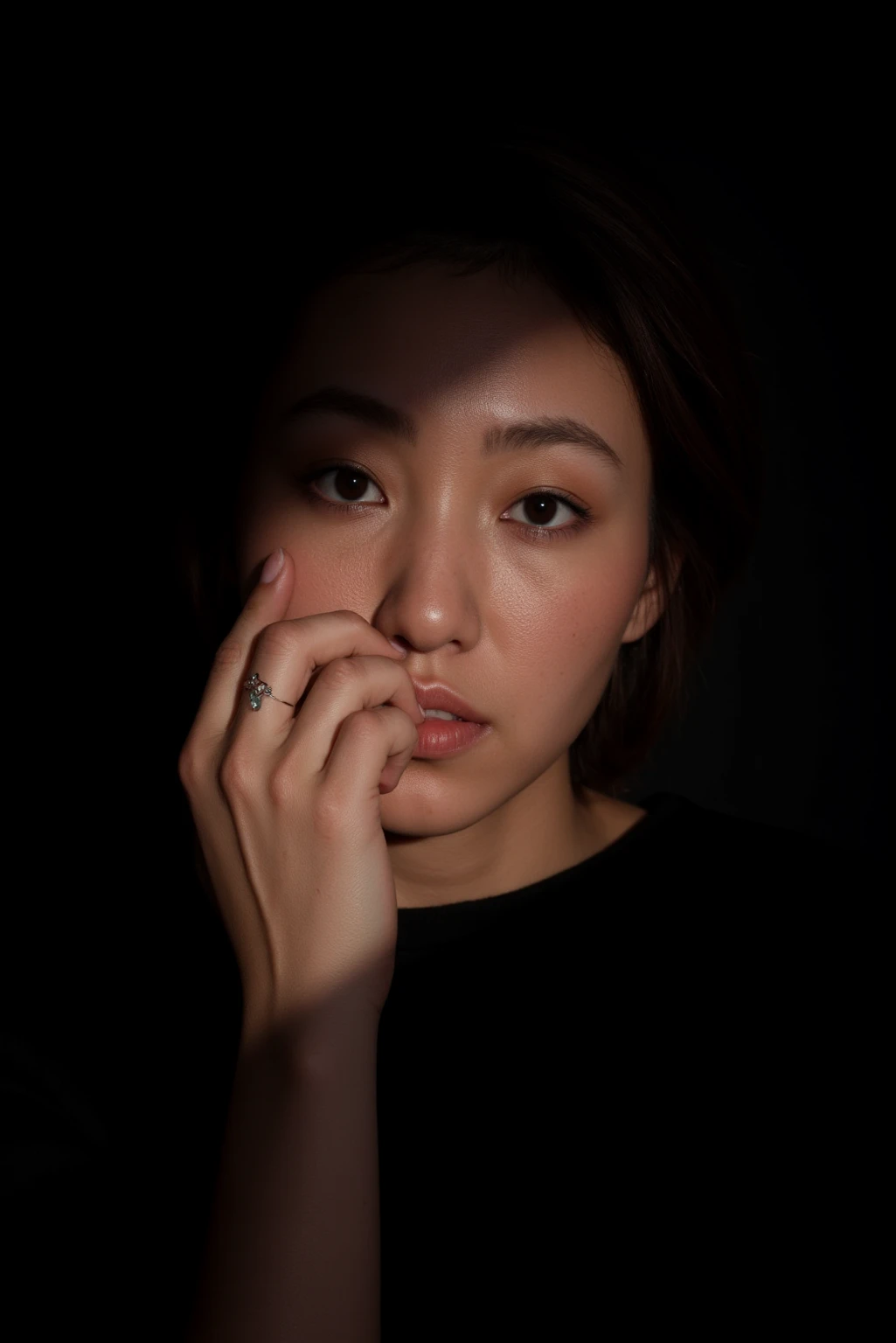 A portrait of a girl with short,dark hair,partially illuminated by a narrow beam of light,wearing a black outfit,hand covers part of the face,showcasing minimalistic rings on fingers,makeup is subtle with attention on eyes and lips,expression appears conte...