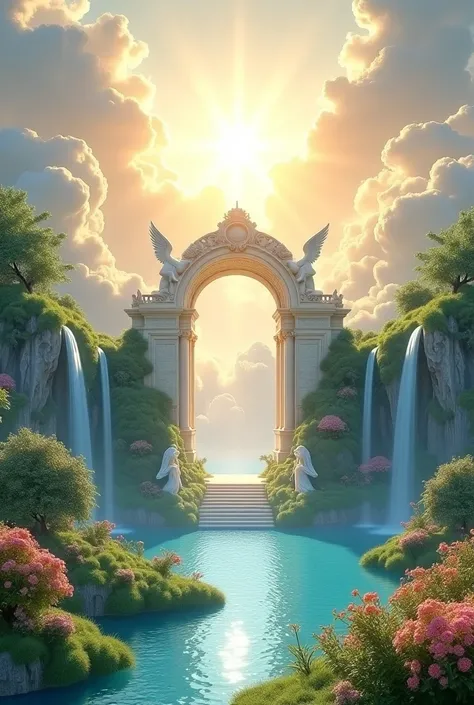  ultra detailed ,  A shining paradise landscape :  Soft lights shining above golden clouds ,  crystal clear waterfalls and endless green gardens covered with flowers.  in the center ,  white marble a majestic door made of marble  (Heaven's Gate)  and winge...