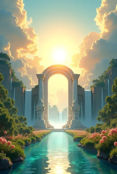  ultra detailed ,  A shining paradise landscape :  Soft lights shining above golden clouds ,  crystal clear waterfalls and endless green gardens covered with flowers.  in the center ,  white marble a majestic door made of marble  (Heaven's Gate)  and winge...