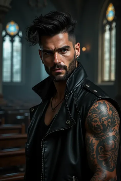 handsome man, 35 years old, Blue eyes, Black hair, messy slick back hair, wavy hair beard, Black leather jacket, ear piercings, tattoos, (church background)