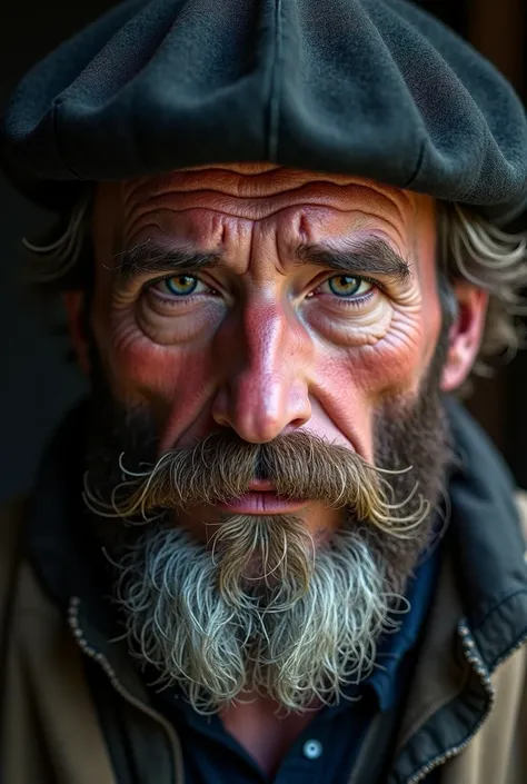 A portrait photo of a 35-year-old man with a full beard and a flushed nose and cheeks, ragged, Serrated Eyes Beret, 18th century,  oil painting, old illustration 