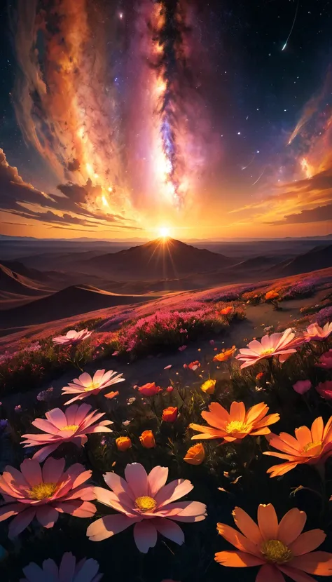 An award-winning photo of a galaxy, bathed in the warm glow of  sunset  ( sunset :1.2). lively, color, and full of life , using a high-resolution,  gives the futuristic environment a touch of natural beauty.  The lighting is dramatic ,  casts long shadows ...