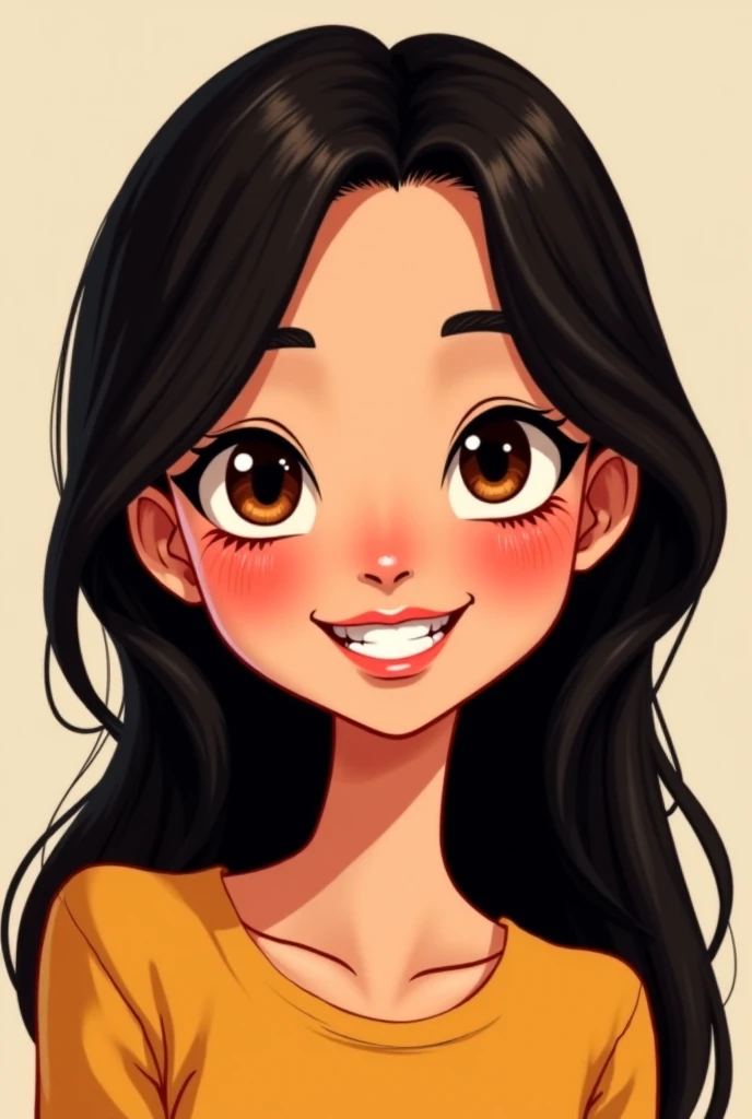 A face of a brown-eyed lady, thin mouth,  Black hair, That I am happy with a slim build.  cartoon  