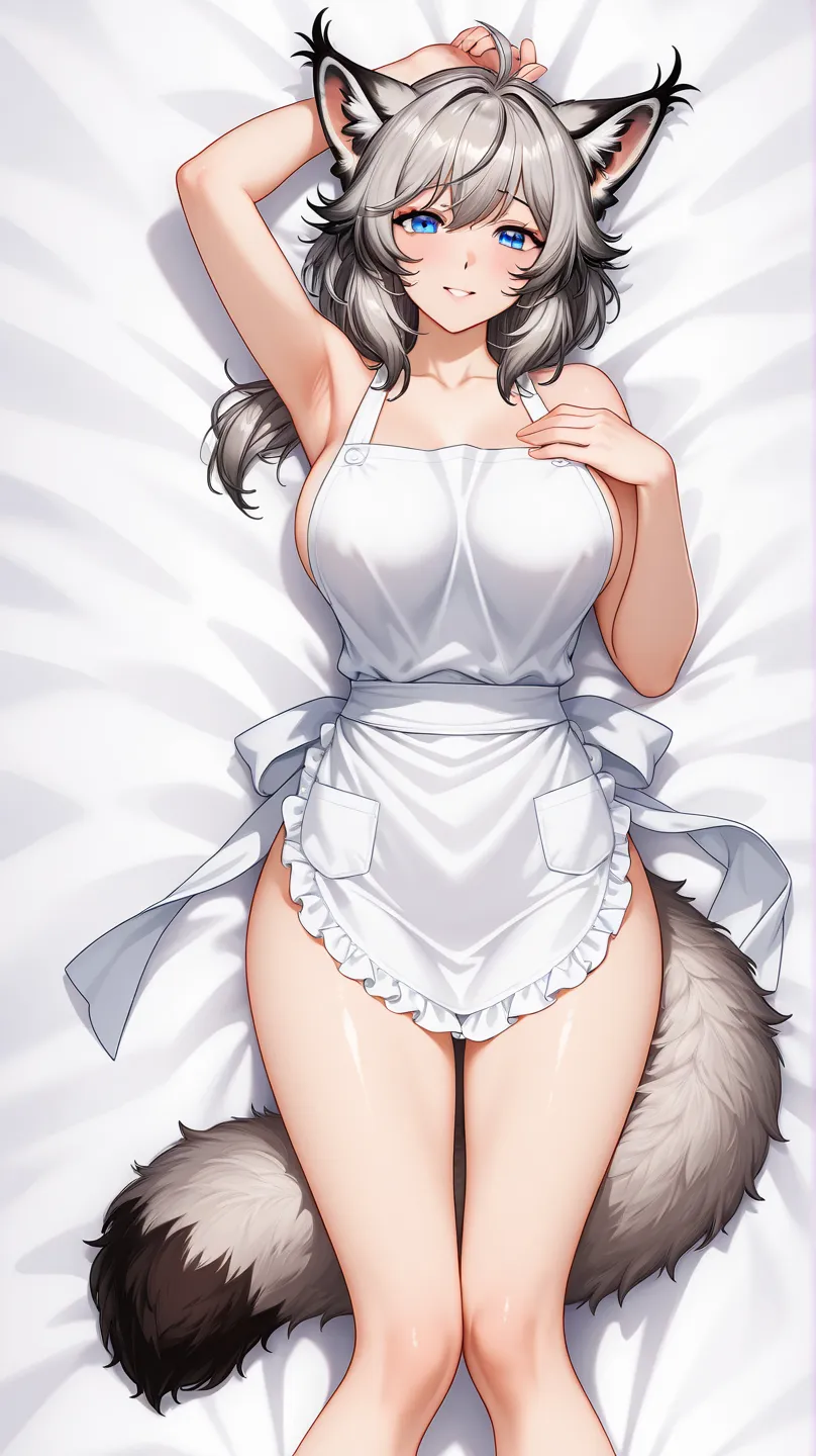 Waifu lynx, HD model, with just a plain apron ,with a fluffy tail , long grey hair, dakimakura, adult