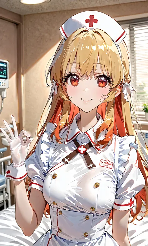 Blonde,Girl making a handjob gesture, from the chest up, eye cutlet, red eyes, blonde, Ichigo Hoshimiya, RED_HAIR_Band masterpiece, highest quality, ultra-fine, ultra-fine skin, extremely delicate and beautiful, detailed and beautiful eyes, solo, nurse, ((...